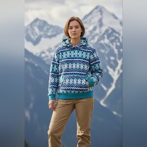 Lands End Spa Blue Che Fai Patterned Kids Hoodie Pockets NWT Size XS